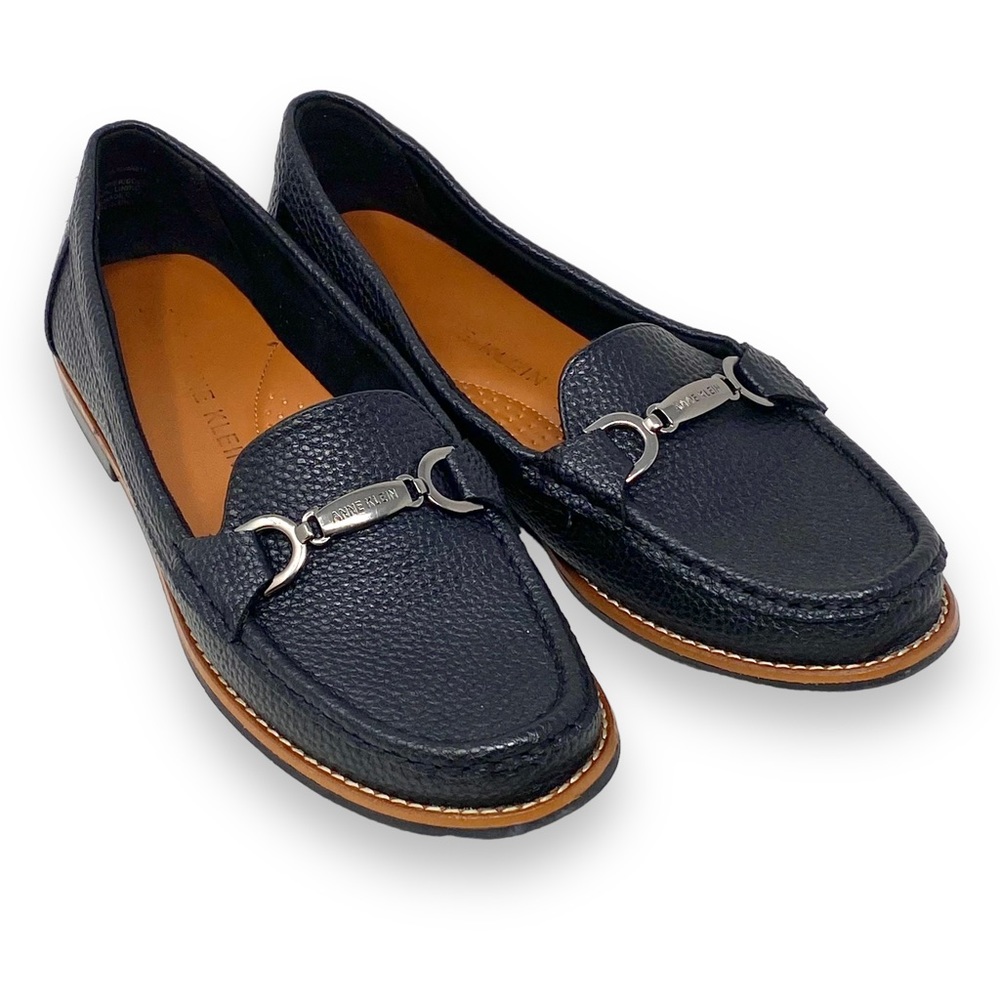 ANNE KLEIN Nina Black Flat Slip On Loafers Pebbled Faux Leather Size 7.5 EUC